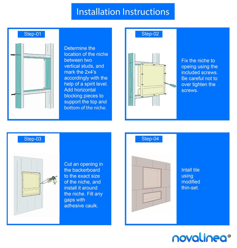 Novalinea 16" x 20" Single Shelf Recessed Shower Niche with Mounting Screws Included, Mounts Flush with 1/2" Backerboard, Ready to Tile, Easy to Install and Waterproof - Image 5